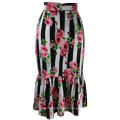 Womens Ruffles Pencil Skirt with Retro Printed Stripe Floral Tight Zipper Female Summer Elegant Jupe Midi Saias faldas Work Wear